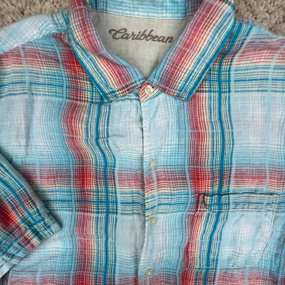 Caribbean Linen Blend Hawaiian Shirt Button Up Blue Red Mens XL Short Sleeve - Picture 1 of 7
